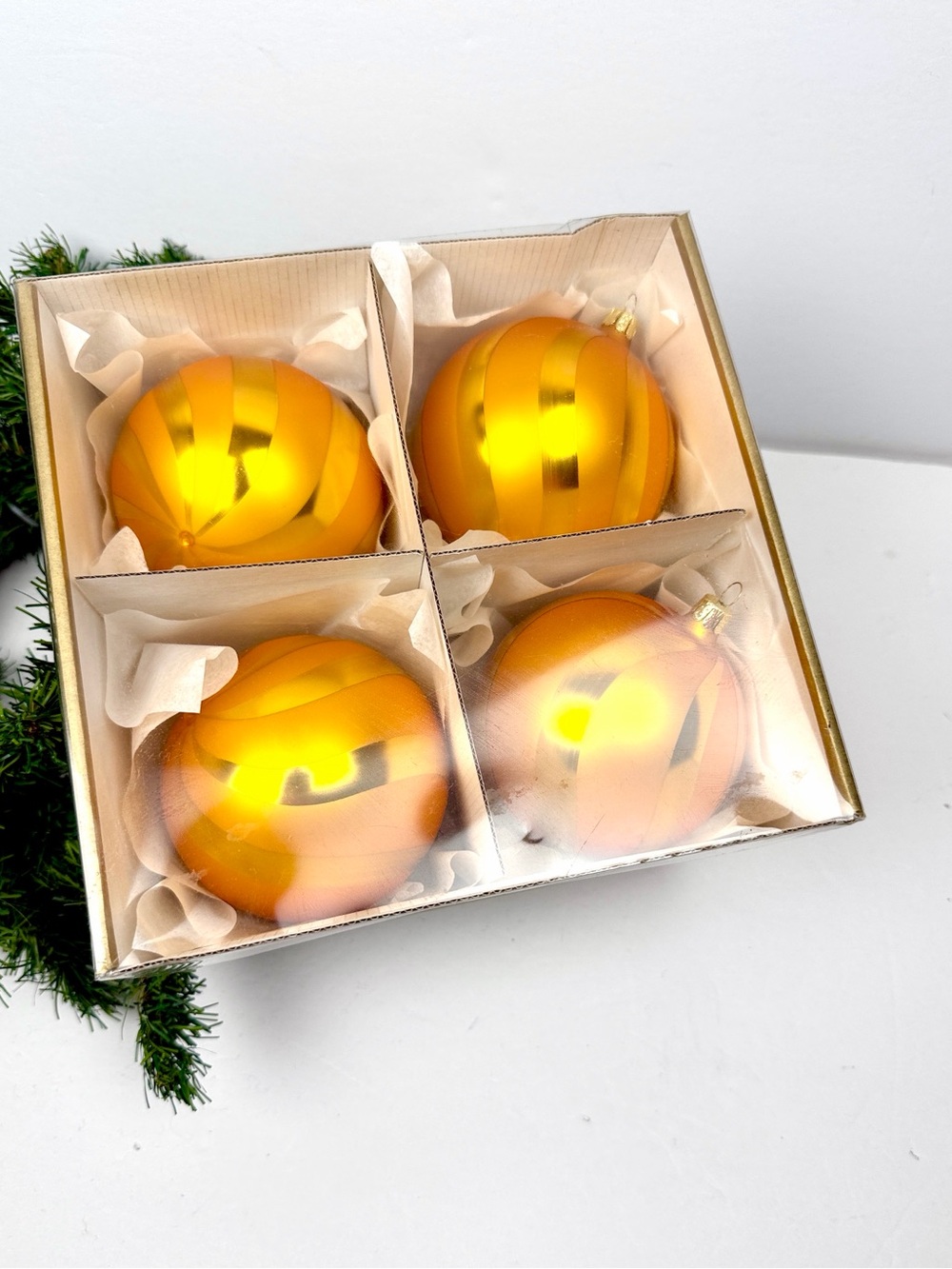 Czech Republic Glass Christmas Ornaments 4 Large Yellow  Gold Swirl Balls NIB